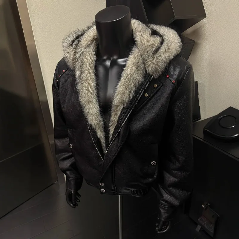 

Patchwork Faux Fur Leather Jacket Zipper Black Hooded Furry Coat Gothic Diamond Decoration Warm Street 2025 Punk Stylish Neutral