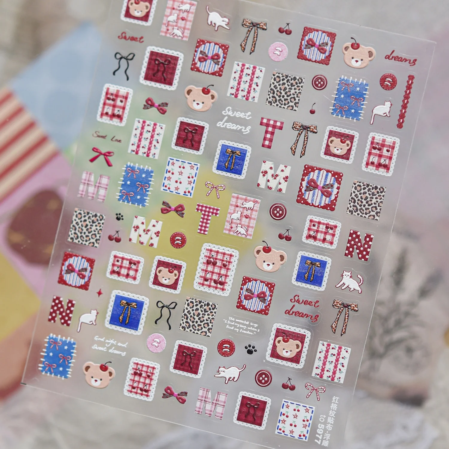 クラシックなファブリックチェック柄5Dネイルアートステッカー - Nail Art Red Cherry のレビューと価格