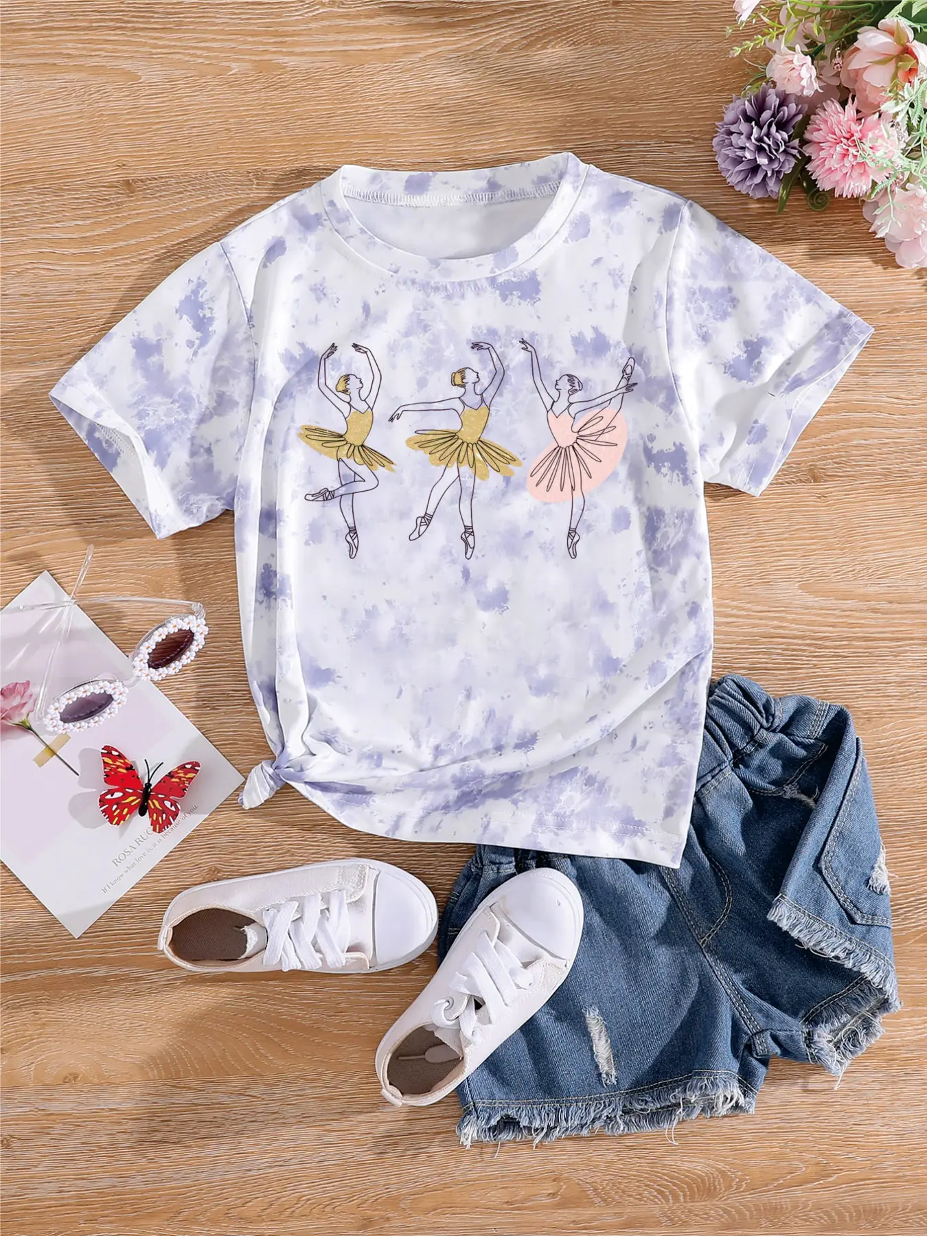 

Kids Girls Pink Tie-Dye T-Shirt, Ballerina Dancer Print Short Sleeve Tee for Casual & Dance Class