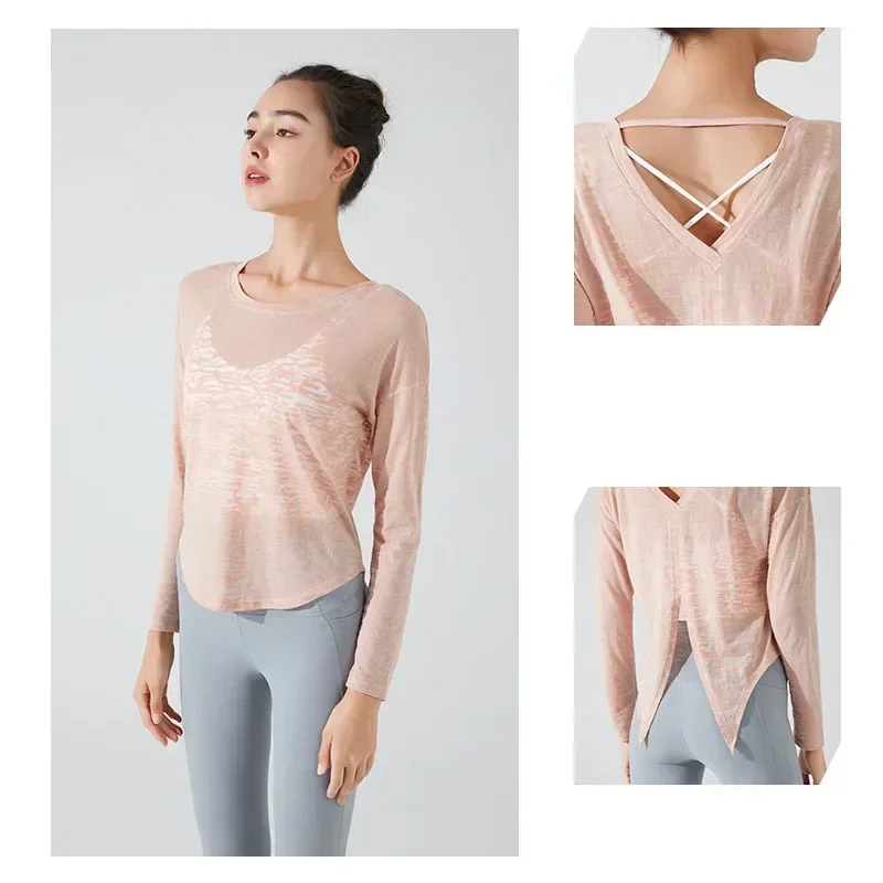 Stown Sportswear Woman Gym 2022 New See-through Yoga Top Female Long-sleeved Fitness Pilates Blouse Loose Sports Shirts Women image 3