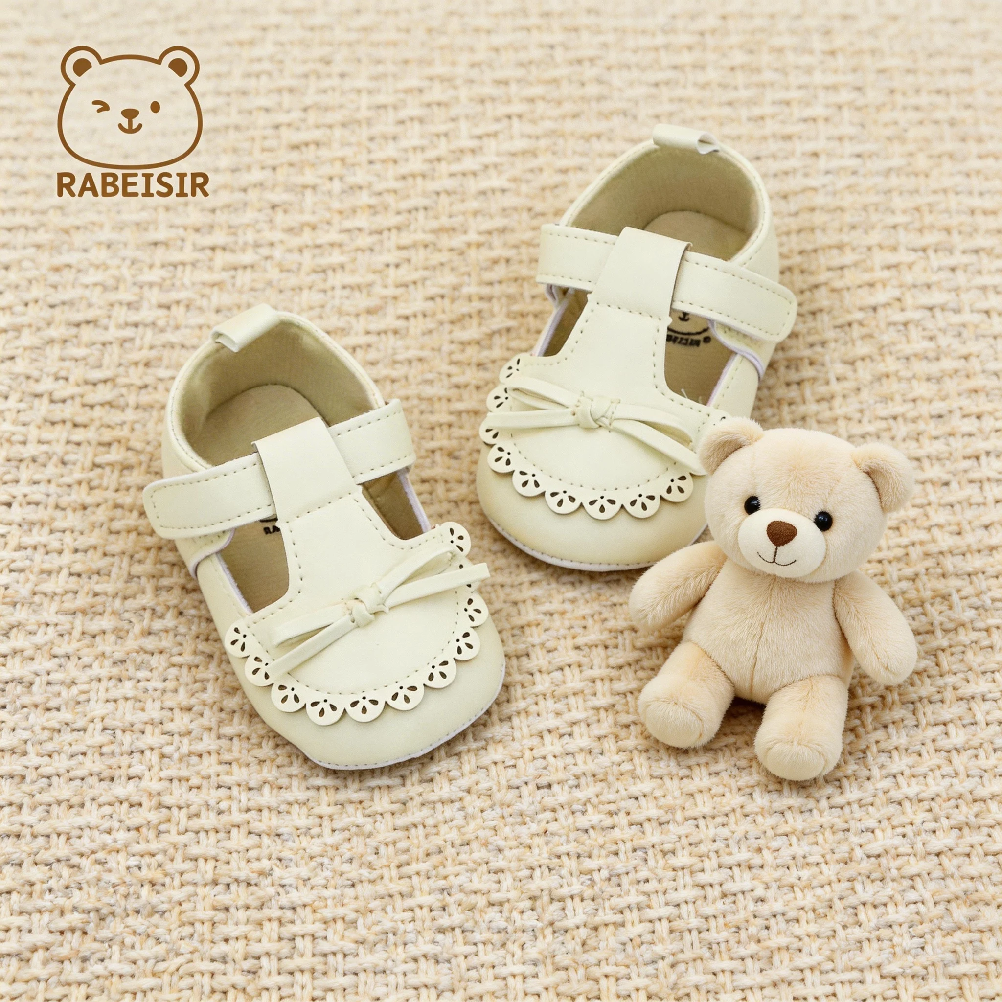 Princess Style Hollow Lace Trim Bow Infant Mary Jane Shoes Single Strap Hook&Loop Soft Sole Baby First Walker Shoes