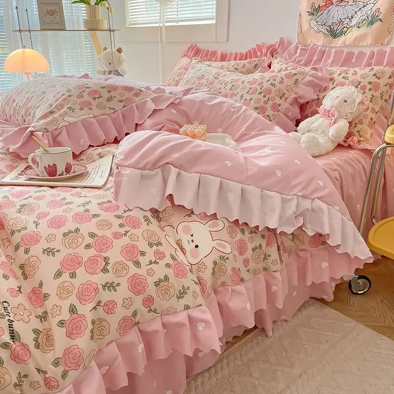 INS Pink Flower Bedding Set Princess Lace Duvet Cover with Flat Sheet And Pillowcase Soft Home Textiles For Girls Gift Bedlinen