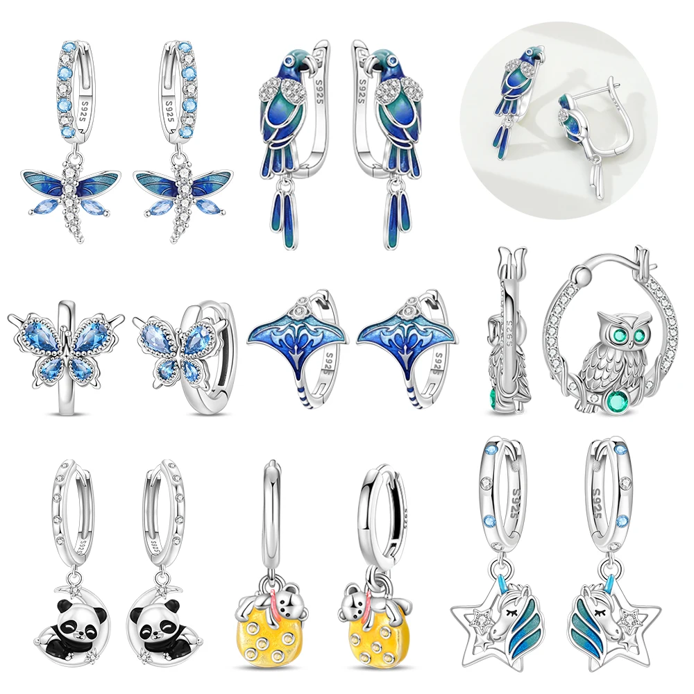 Animal Series 925 Sterling Silver Panda Ray Unicorn Parrot Butterfly Maoty Earrings Cute and Fun Gifts for Friends
