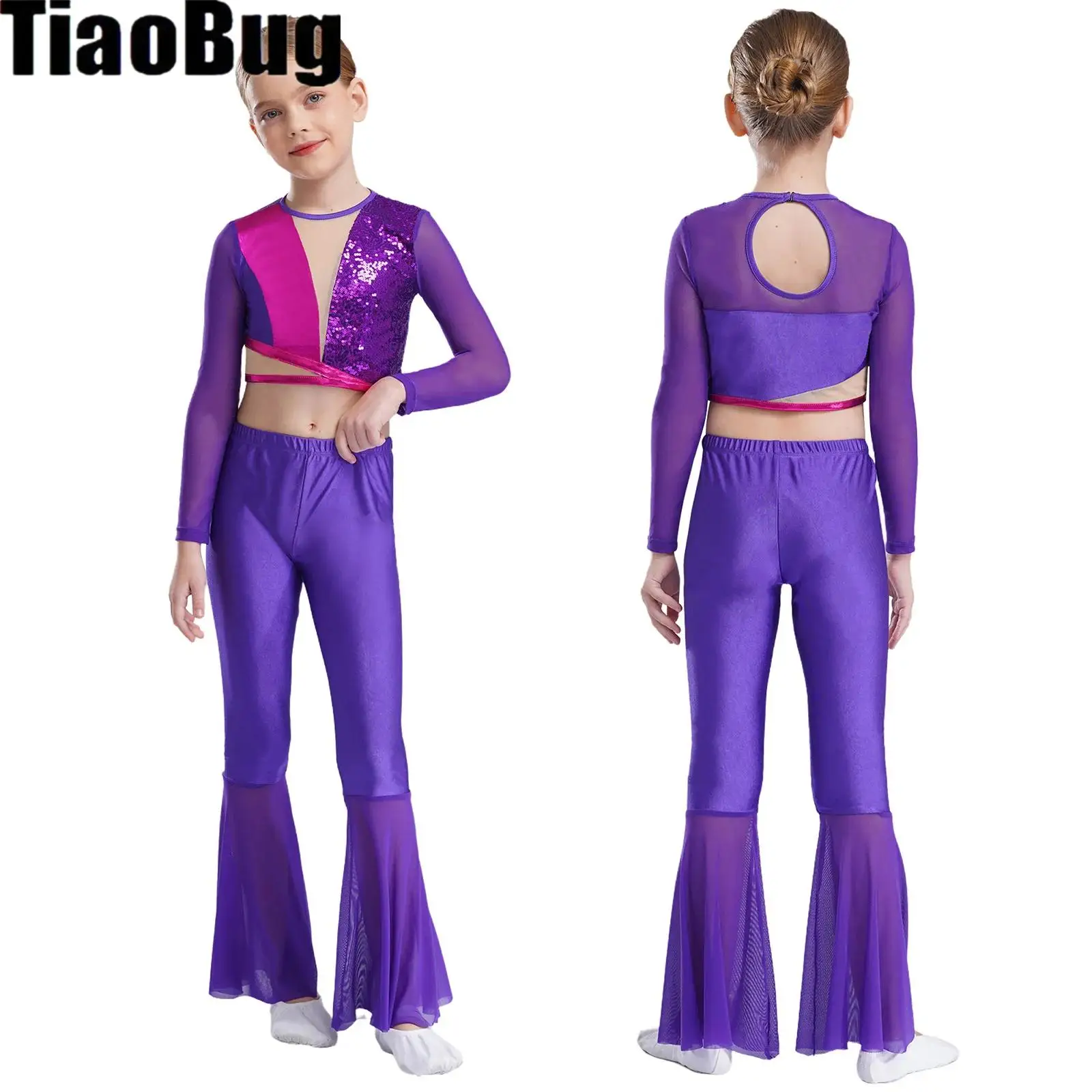 

Kids Girls Ballet Dance Outfit Long Sleeve Metallic Sequins Crop Top with Sheer Mesh Patchwork Bell-Bottom Pants