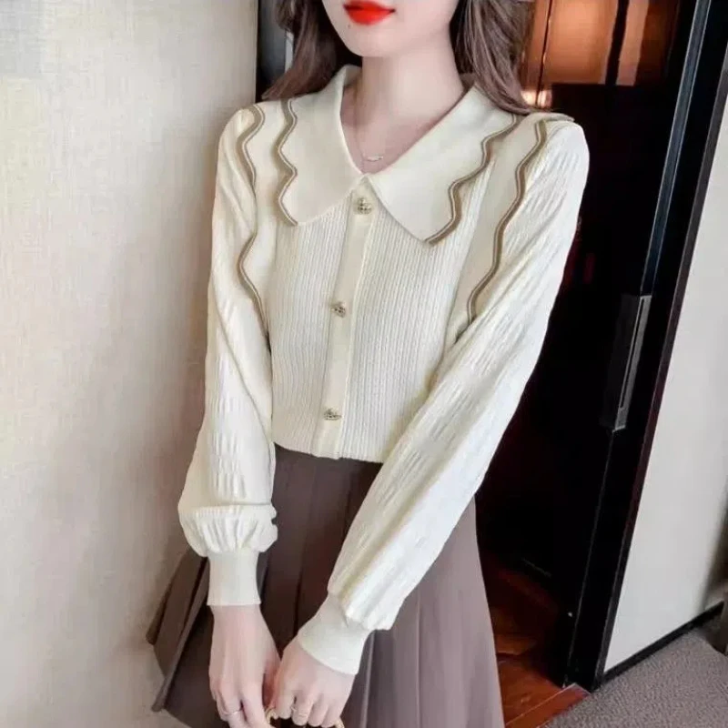 Spring Autumn New Doll Collar Long Sleeve Fashion Sweater Women High Street Casual Contrast Color Button Patchwork Pullovers