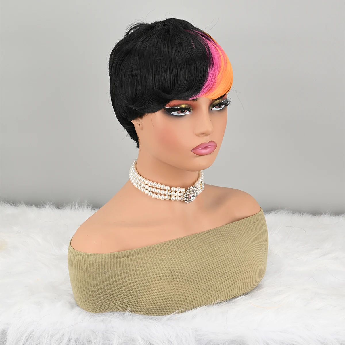Peruca curta bob para preto amarelo e rosa pixie perucas sintéticas peruca sem cola nenhuma peruca frontal com franja natural preto reto completo