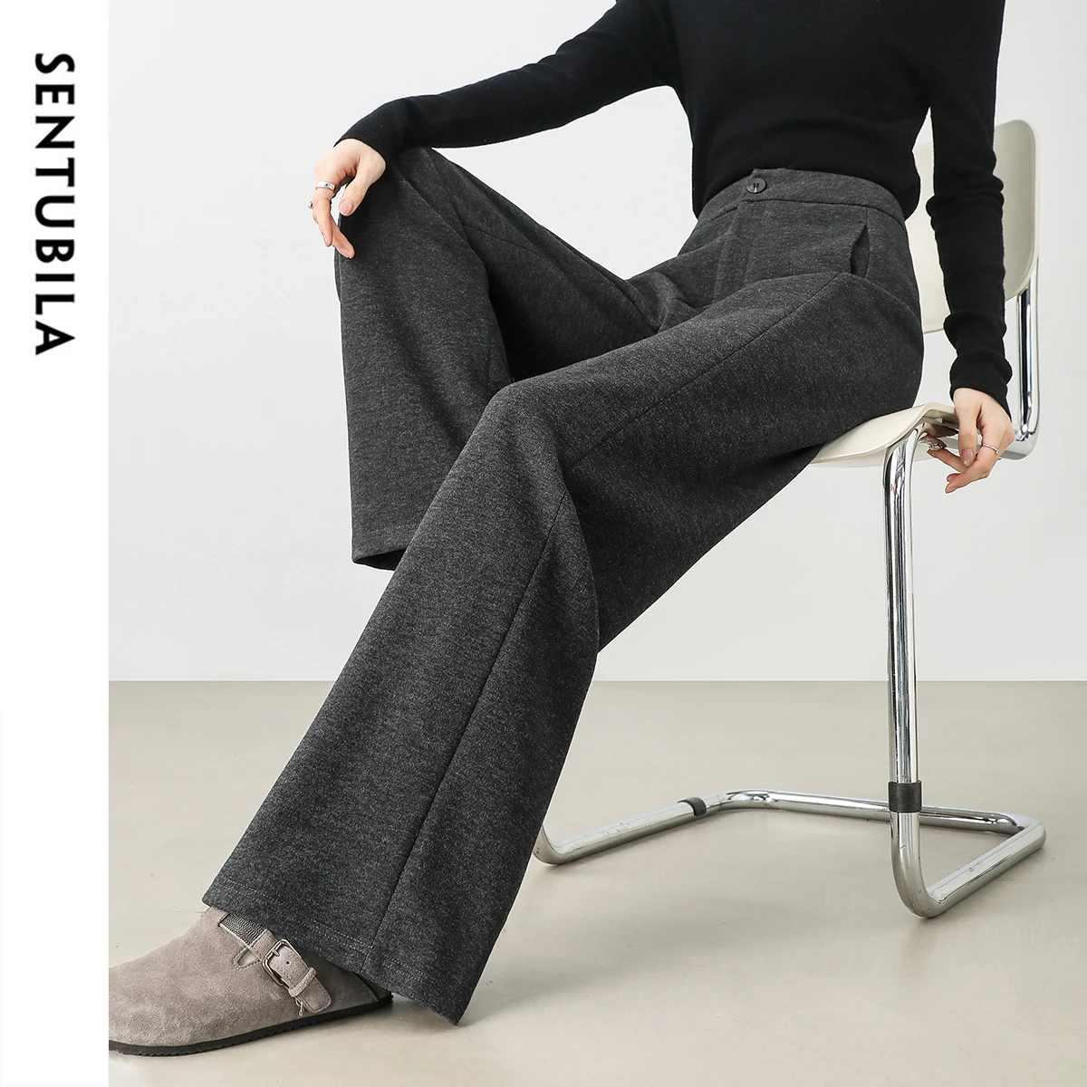 SENTUBILA gris pantalon femme pantalon 2025 automne automne décontracté Simple taille haute pantalon droit tempérament bas 144K58937