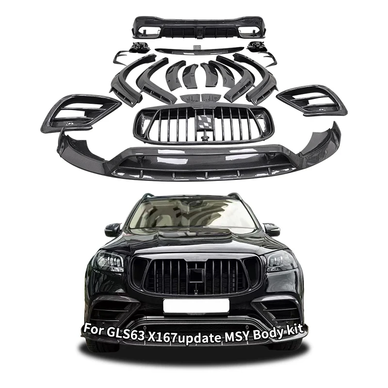 for MSY Style Wet Carbon Fiber Body Kit GLS63 X167 Front Bumper Lip Main Grill Vents Wheel Eyebrow Bodykit