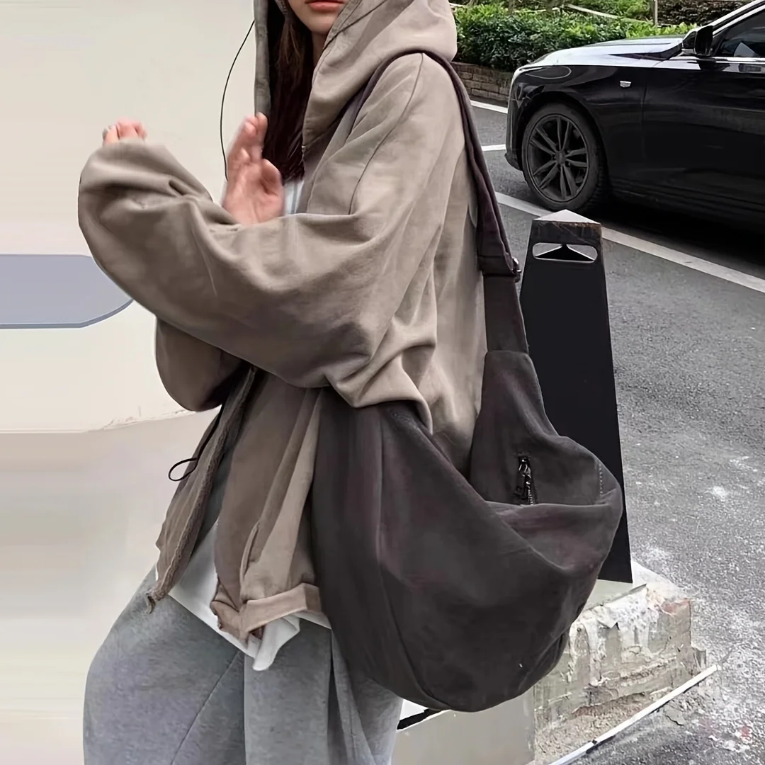 

Canvas Dumpling Crossbody Bag, Soft Strap Shoulder Bag, Casual Hobo Bag For Sport Travel School