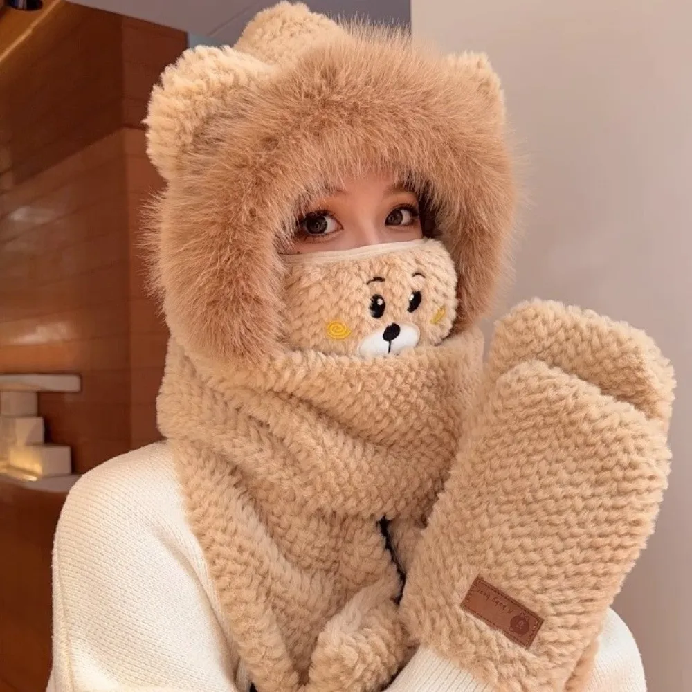 Warm Hooded Scarf Hat Thickened Anti-Freezing Winter Hat Scarf Set Integrated Neck Fluffy Soft Bear Ear Beanie for Daily Wear