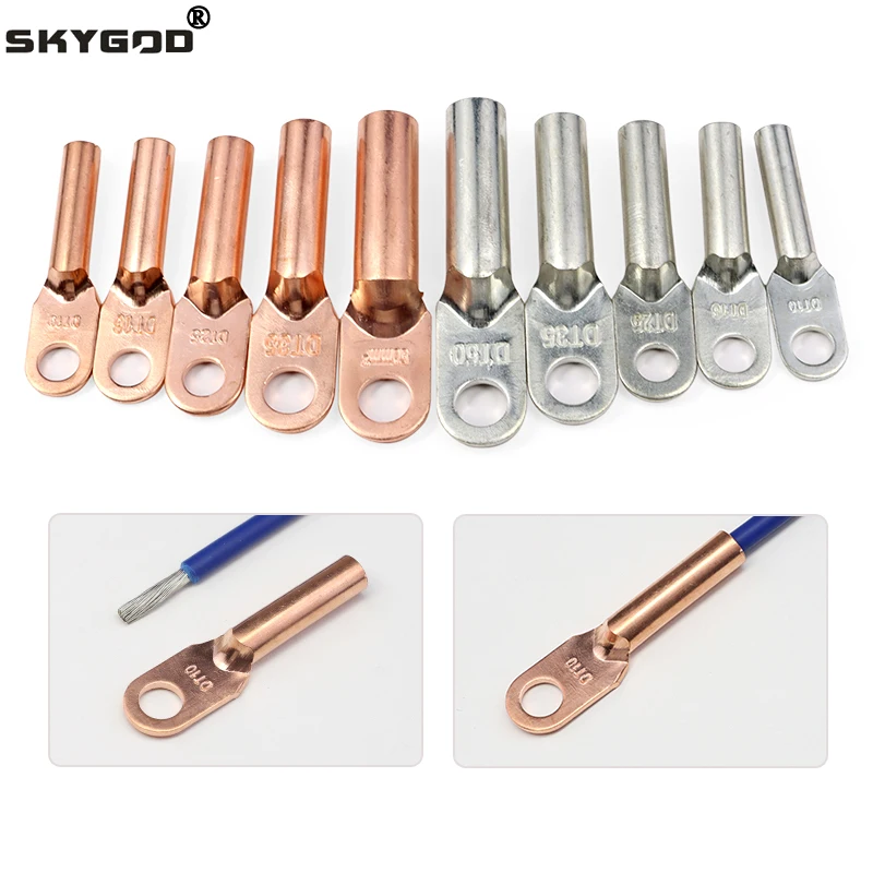 1~50pcs Copper Wire Terminals DT-10 DT-16 DT-25 DT-35 DT-50 Block Bolt Hole LUG DT Type Nose Tube Crimp Splice Cable Connector
