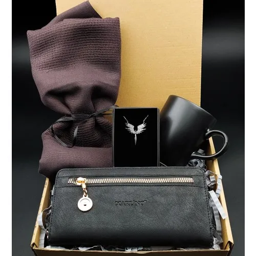 Mürdüm Shawl & Black Women 'S Wallet & Black Mug & Silver Plated Michael Angel Necklace Set