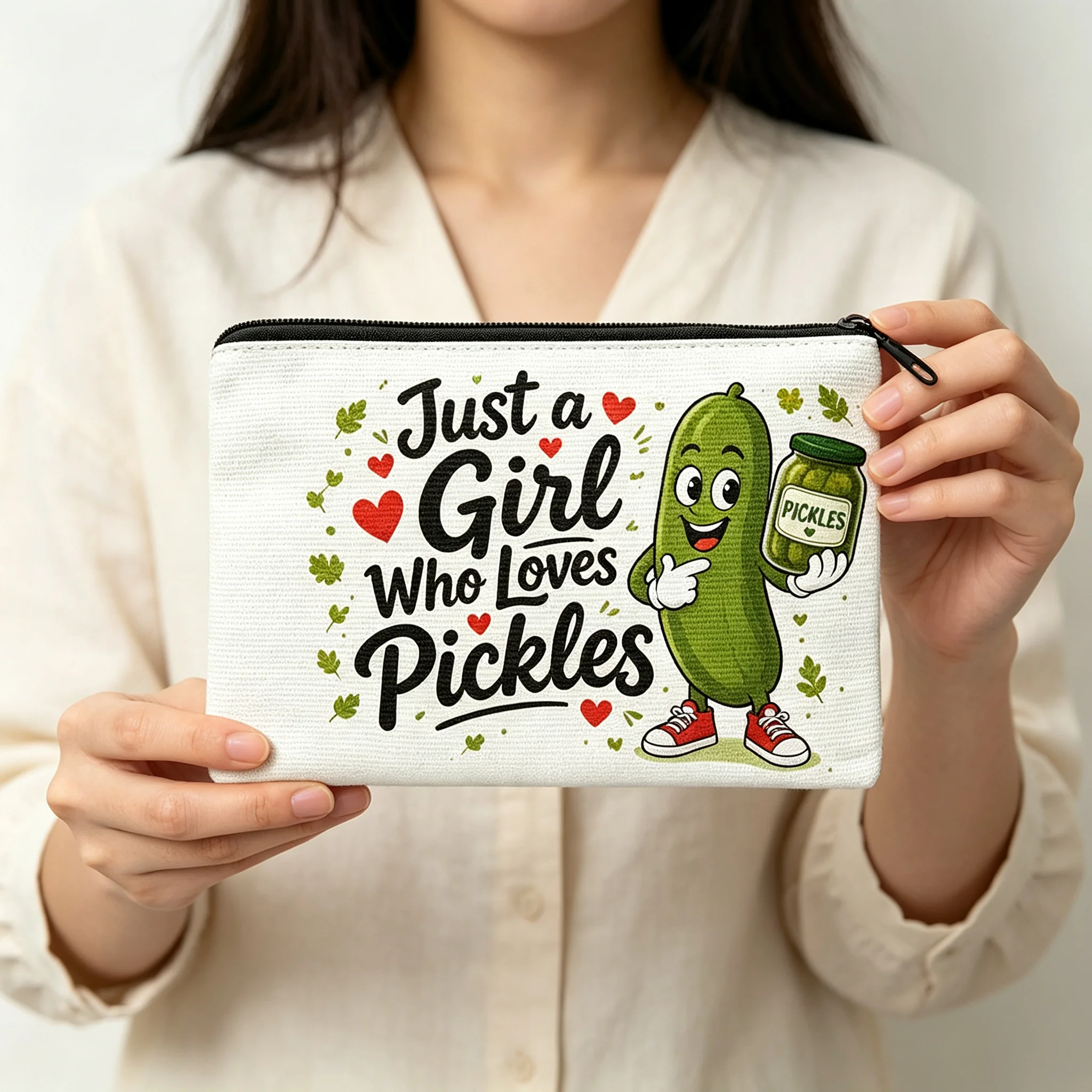 Just A Girl Who Loves Pickles Zipper Pouch,Funny Pickle Canvas Cosmetic Bag,Travel Makeup Pouch Cute Pickle Lover Gift