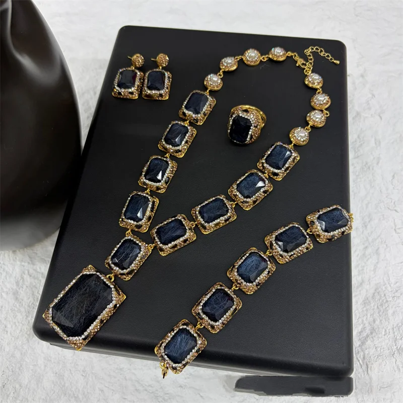 4Pcs Luxury Gemstone Rhinestone Jewelry Set Necklace Earrings Ring Bracelet Wedding Banquet Statement Jewelry Christmas Gift