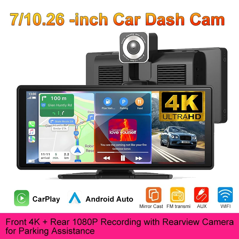 

7/10.26 Inches 4K Car DVR Dual Lens Dashboard Camera Wireless Carplay Android Auto Voice Control GPS Navigation Wifi FM AUX