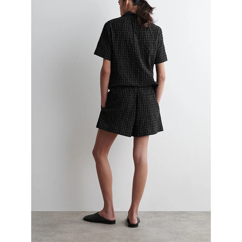 

CS Cotton A-Line Wide Leg ort orts with Collar ort Sve Plaid irt Summer Faion Set Women's Casual Sle Two-Piece...