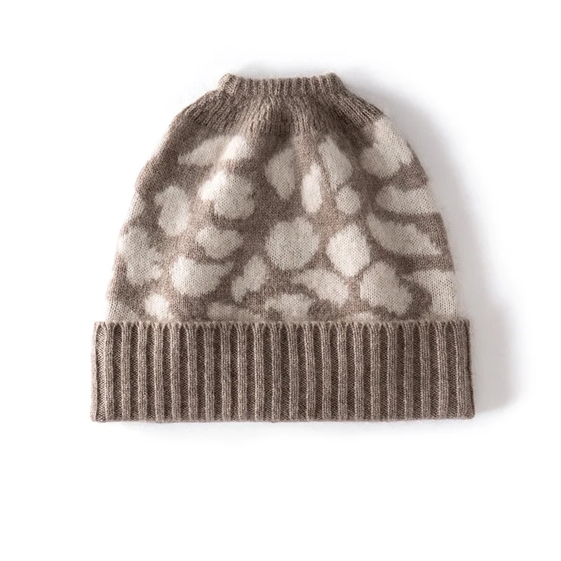 100%Quality Cashmere Knitted High Ponytail Beanie Cap For Women Outdoor Winter Hat Leopard Jacquard Casual Sport Thick Warm Caps