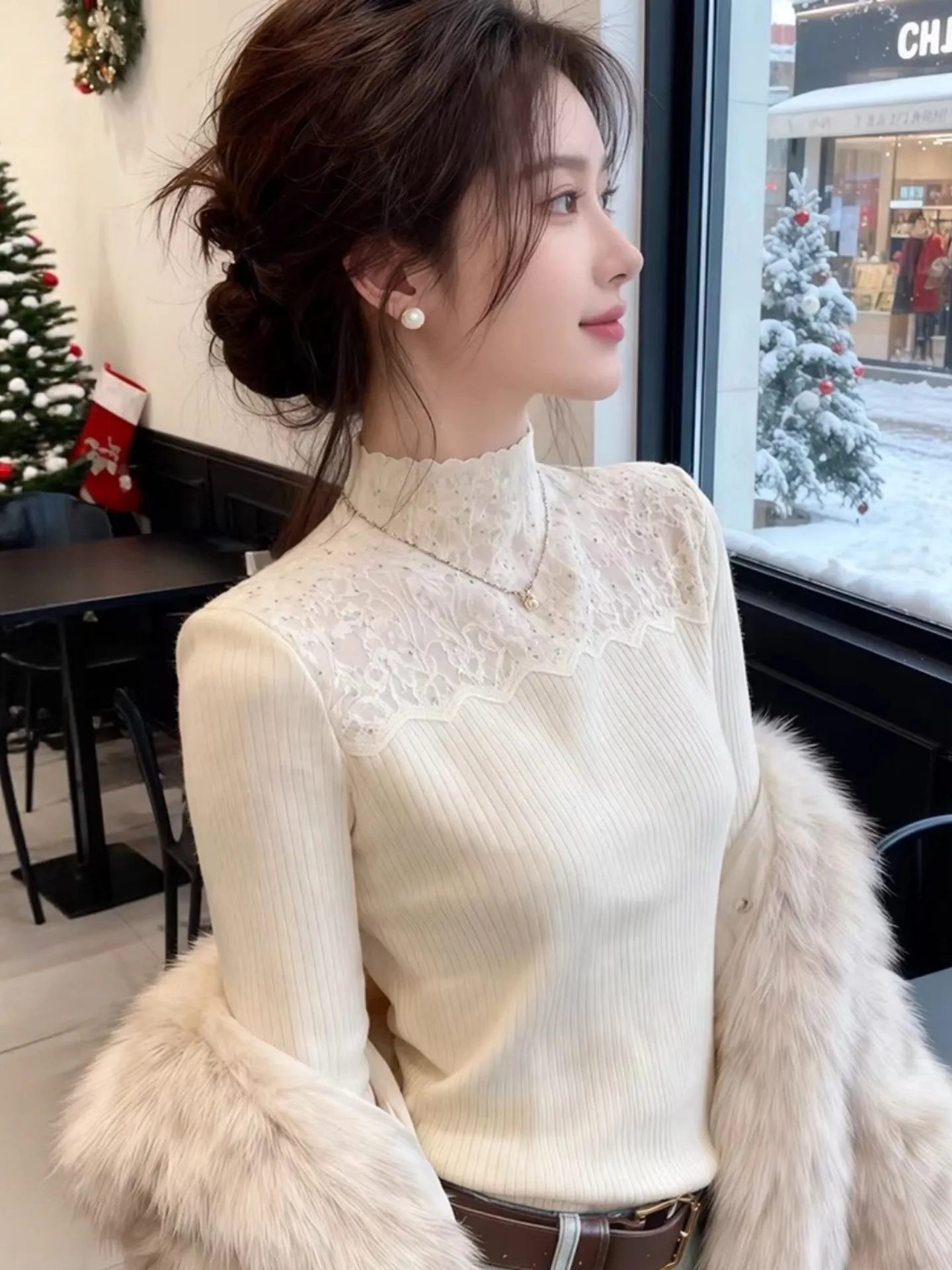 

Spring Lace Splice Slim Fit Knitted Sweater Women's f High Collar Faionable Base irt Korean Sle Commute Wind Long Sl...
