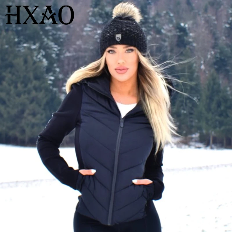 

HXAO Winter 2025 Black Fitted Jacket Women's Jacket Cropped Zip-Up Long Sleeve Hooded Outerwears Warm Lightweight Padded Jacket