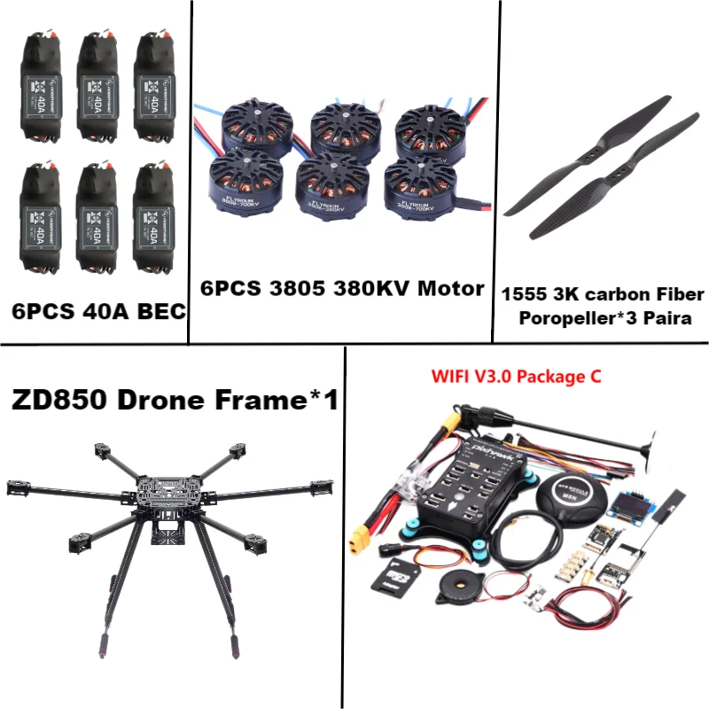 ZD850 Pixhawk 2.4.8 M8N Full Carbon Fiber 850mm Hexa-Rotor Frame BLHELI 40A ESC Flight Comtrol Rado Telemetry Set