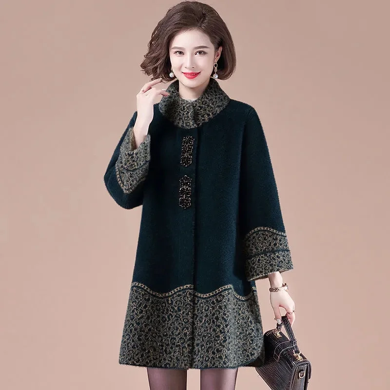 Mink Velvet Coat Ladies Medium Long Middle-Aged Elderly Women Jacket 2026 Autumn Winter New Outerwear Female Woolen Overcoat Top