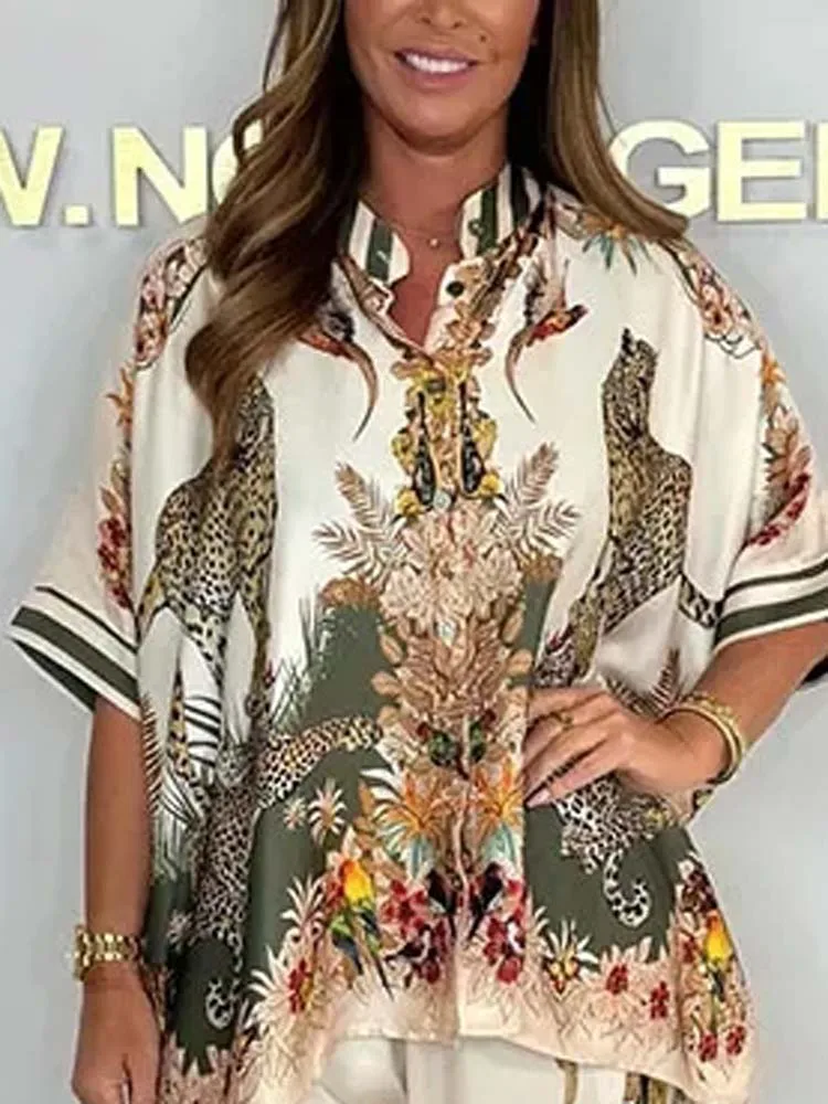 レトロ柄プリントサテン レディース ツーピースセット セクシーVネックボタンシャツ＆パンツ outfits 春夏 バットウィングスリーブ ルーズスーツ