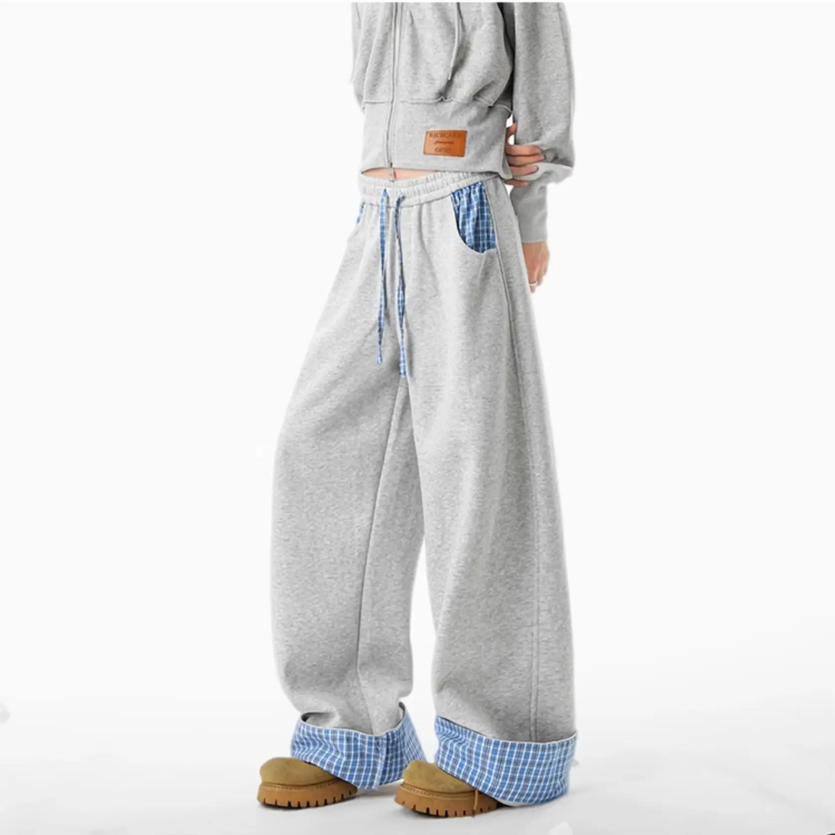 

Уличная одежда унисекс, мешковатые спортивные штаны большого размера, клетчатые лоскутные широкие брюки с карманами, повседневные свободные серые/темно-синие модные брюки