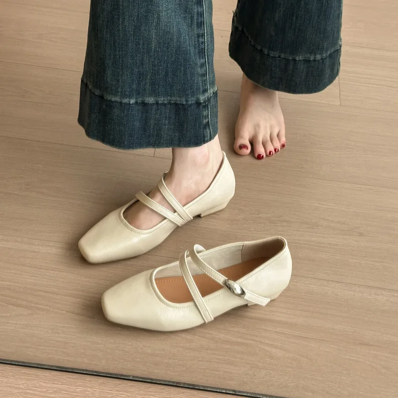 

2026 Spring/Autumn Women French Style Shallow Mary Janes - Double Buckle Chunky Heel Square Toe Versatile Soft Sole Dress Shoes