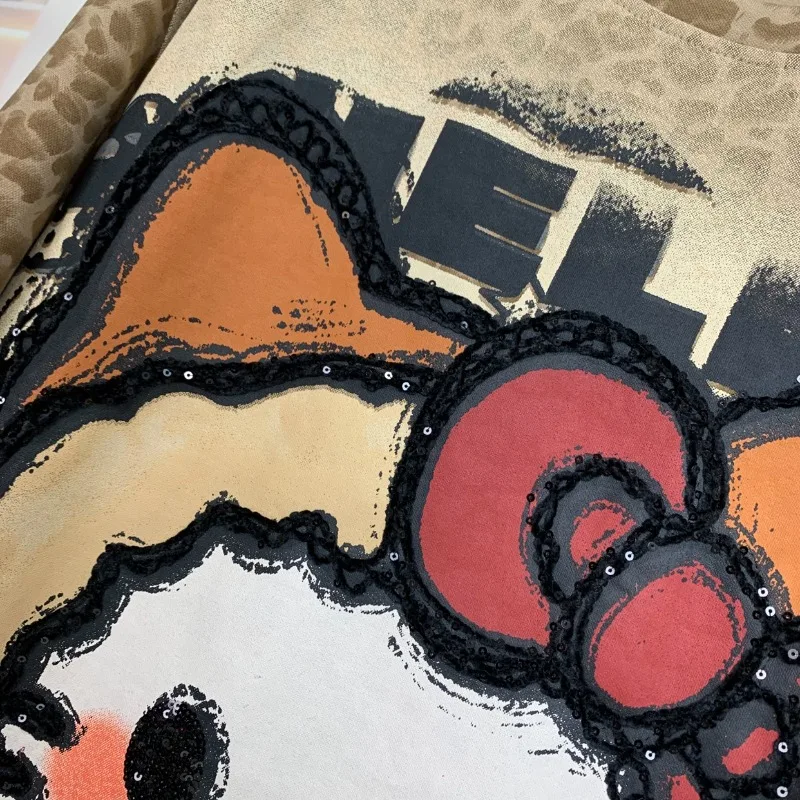 Kaos Trendy Motif Leopard Kartun Industri Berat, Model Longgar, Lengan Pendek, Penampil Awet Muda, Untuk Wanita