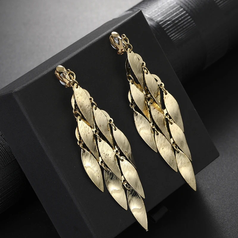 Vintage punk Earrings Metal Gold Color clip on  Earrings leaf Earrings Geometric Fashion Jewelry Trendy