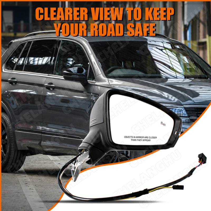 

Right Passenger Side 6+2Pins Mirror Assembly For VW Tiguan 2017 2018 2019 2020 2021 Black Painted Heated Power Adjust Blind Spot