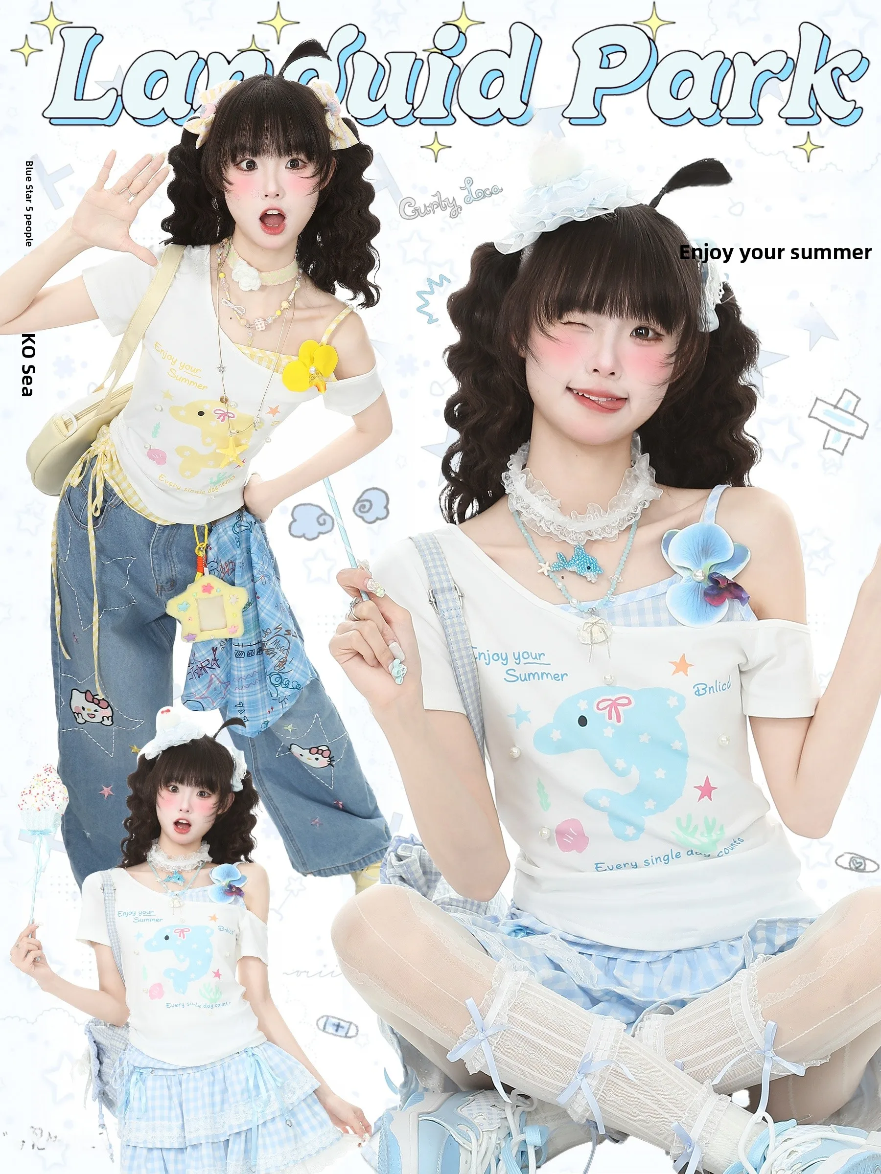 

Languid Park Blue Ghost Summer Short Sleeve T-Shirt Women's Shoulder Bared Floral Bow Tie Casual Style High Waist Fit
