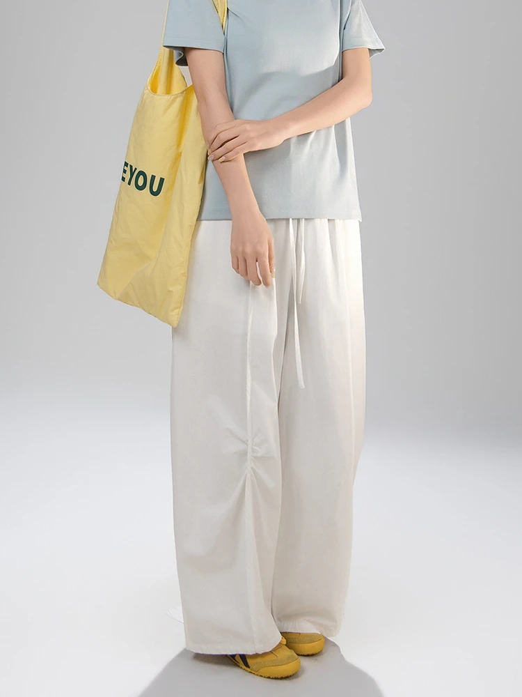 

White Loose Wide Leg Casual Pants Women's Summer Thin High Waist Cotton Blend Drawstring Trousers Art Wild Series