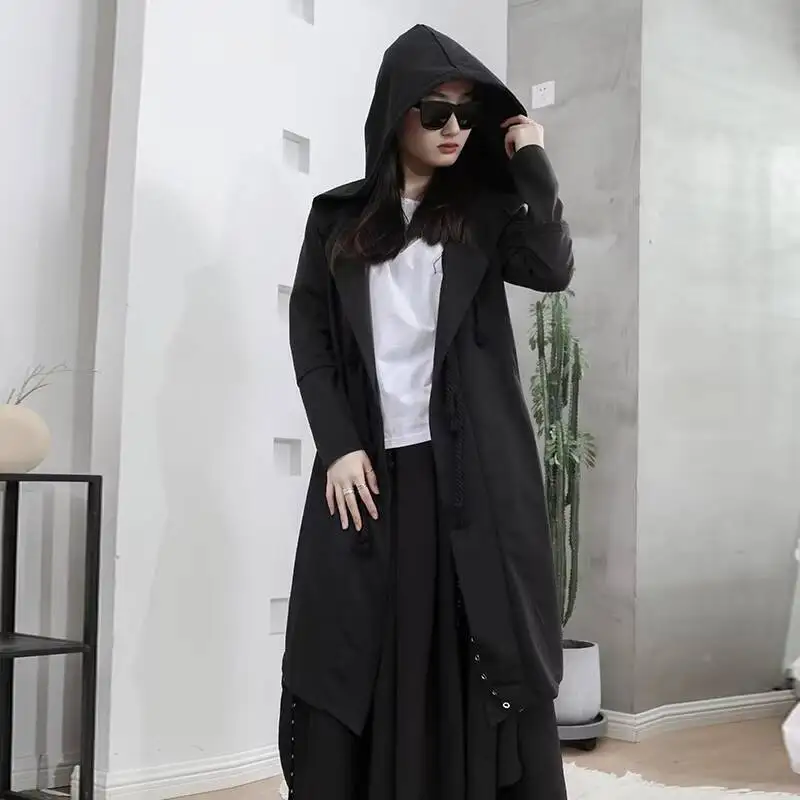 Ladies Long Sleeve Hooded Coat Spring And Autumn New Personality Hip Hop Street Leisure Loose Long Large Size Coat