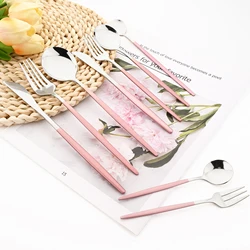 Drmfiy Mirror Pink Silver Tableware 6Pcs Cutlery Set Stainless Steel Set Dinner Knife Spoon Fork Dinnerware Kitchen Flatware Set