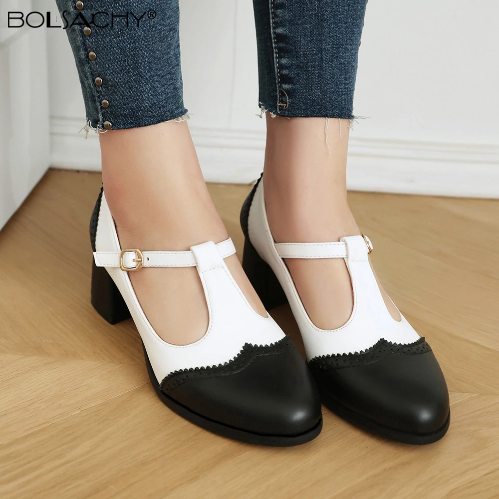 Black White T-strap Thick High Heel Shoes 2026 Chunky Pu Leather Mary Jane Pumps Women Round Toe Platform Retro Shoes Women