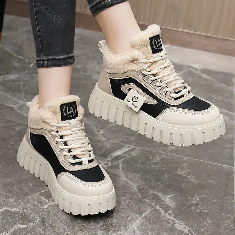 

Autumn Winter Women'S Plush Lined Thickened Warm Outdoor Sports Snow Boots Comfortable Thick Sole Cotton Shoes Sneakers Botines