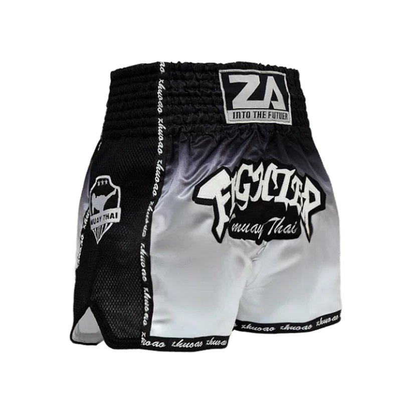 Muay Thai Shorts mit Stickerei, Satin-Boxshorts mit Mesh-Einsatz für Männer, Frauen und Kinder, Kampfsport MMA Kickboxen Trainingshose