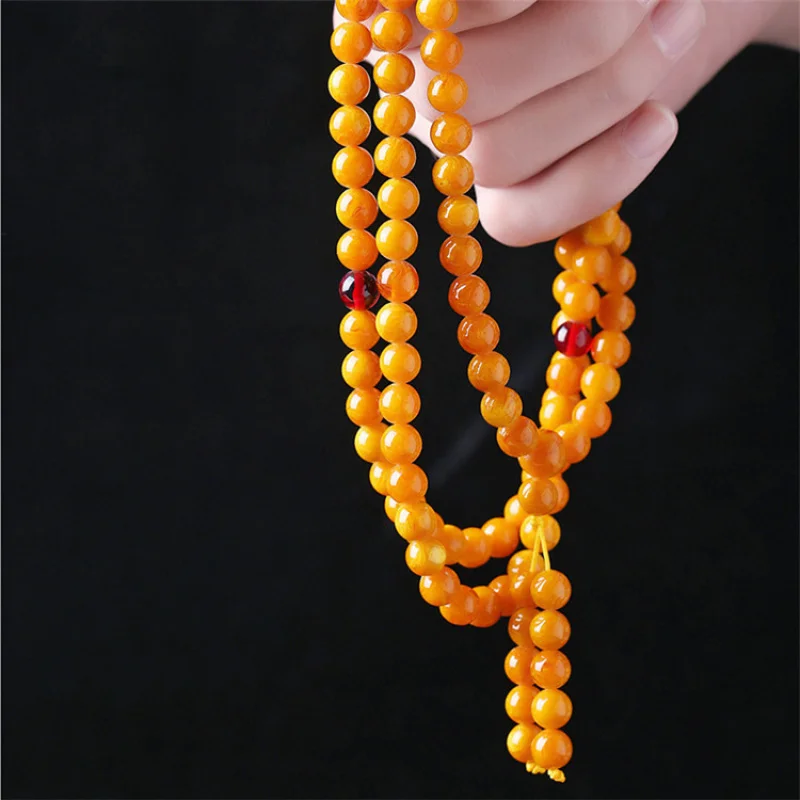 Old Beeswax Bracelet Multi-Circle Amber round Beads Bracelet Yellow Chicken Grease Ethnic Style108Beads Bracelet for Men and Wom