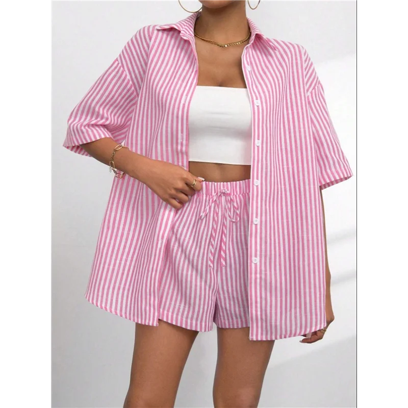 ABRT-Women 2 Piece Outfits Summer Short Sleeve Stripe Shirts And Loose High Waisted Mini Shorts Sweatsuit Set