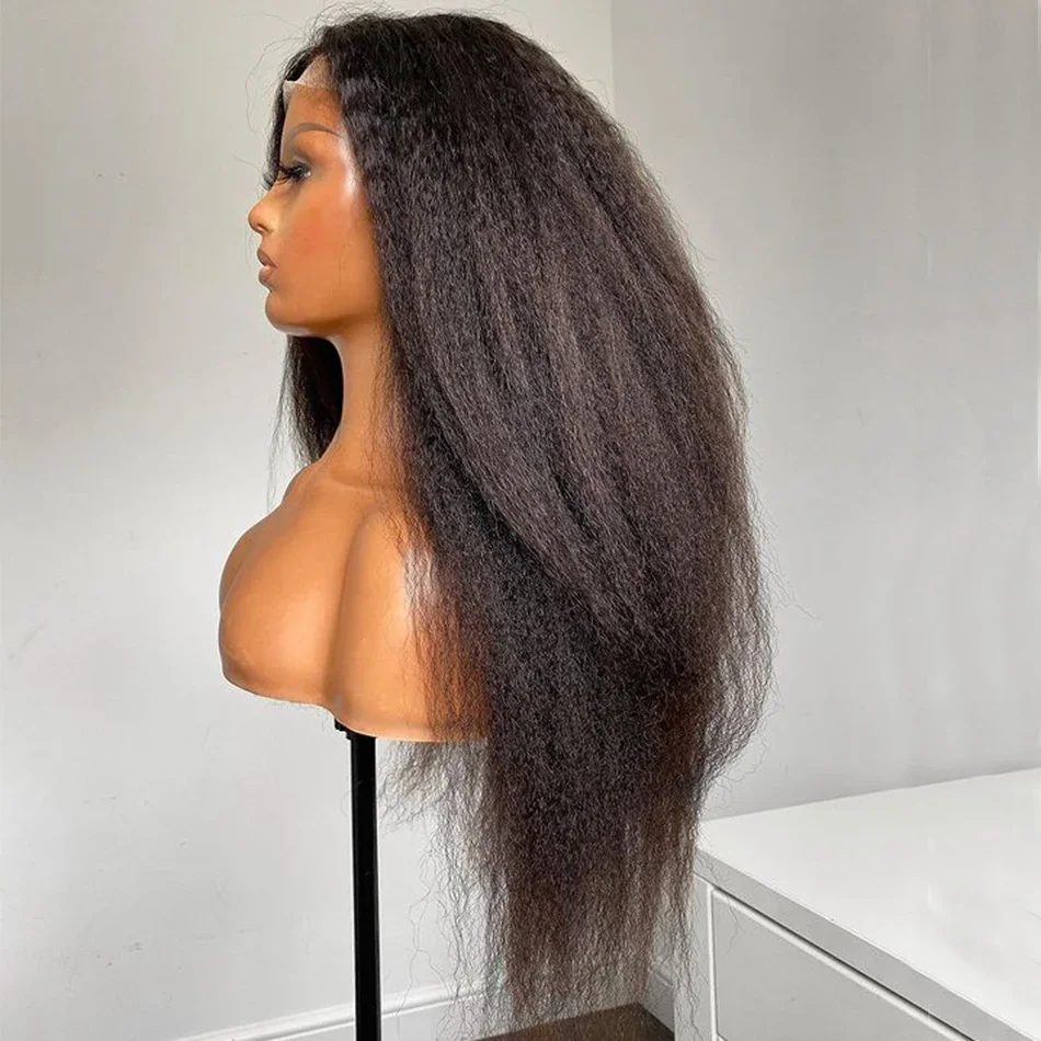 Natural 180 Density Preplucked Glueless Long Black Yaki Straight Lace Front Wig For Women Baby Hair 26“Long Heat Resistant Daily