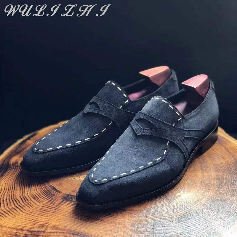 

Dark Blue Youth Cowhide Suede Leather Shoes Breathable Spring Men's Shoes Lightweight Slip On Daily Casual Loafers