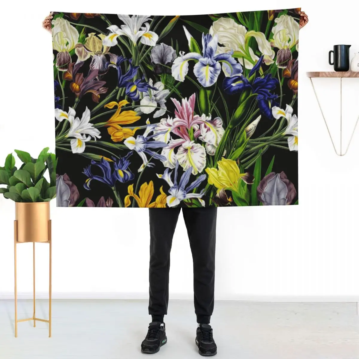 Victorian Iris Flower Pattern Botanical Night Garden on Black Throw Blanket Plaid on the sofa bed plaid Heavy Thins Blankets