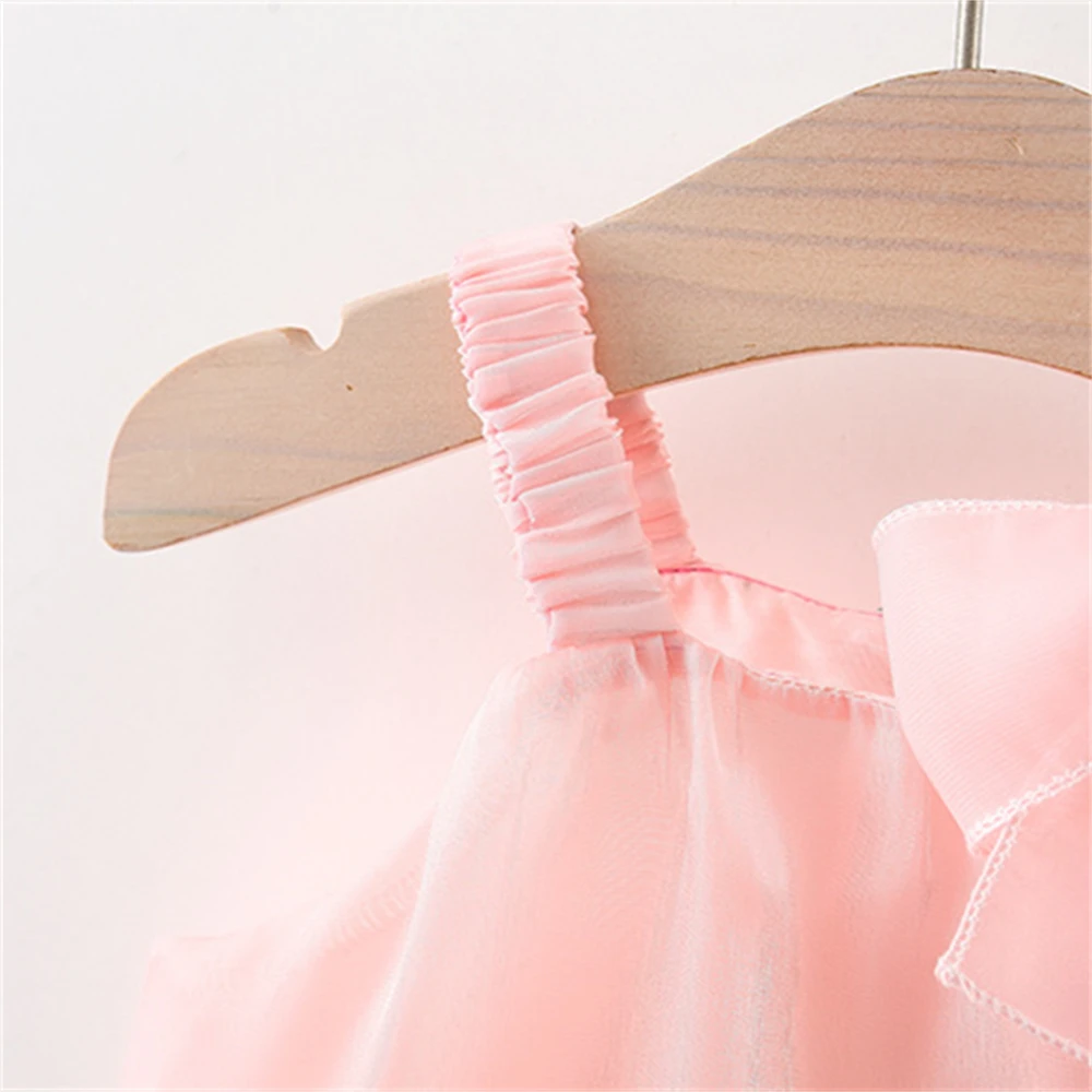 Summer Girl Baby Dress Girl Embroidered Flower Hem Tie up Bowtie Chiffon Suspended Princess Dress