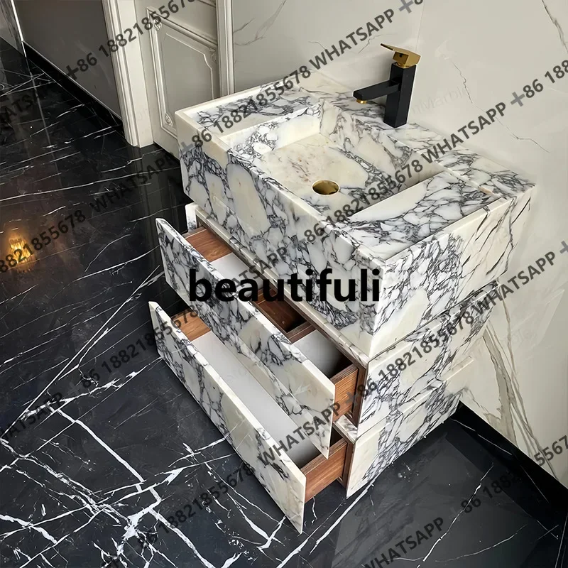 E182 Marble Bathroom Vanity, Natural Stone Floor-Standing Sink,  Luxury/Viral Design Custom Basin, Easy-Clean &Split-Type Pedest