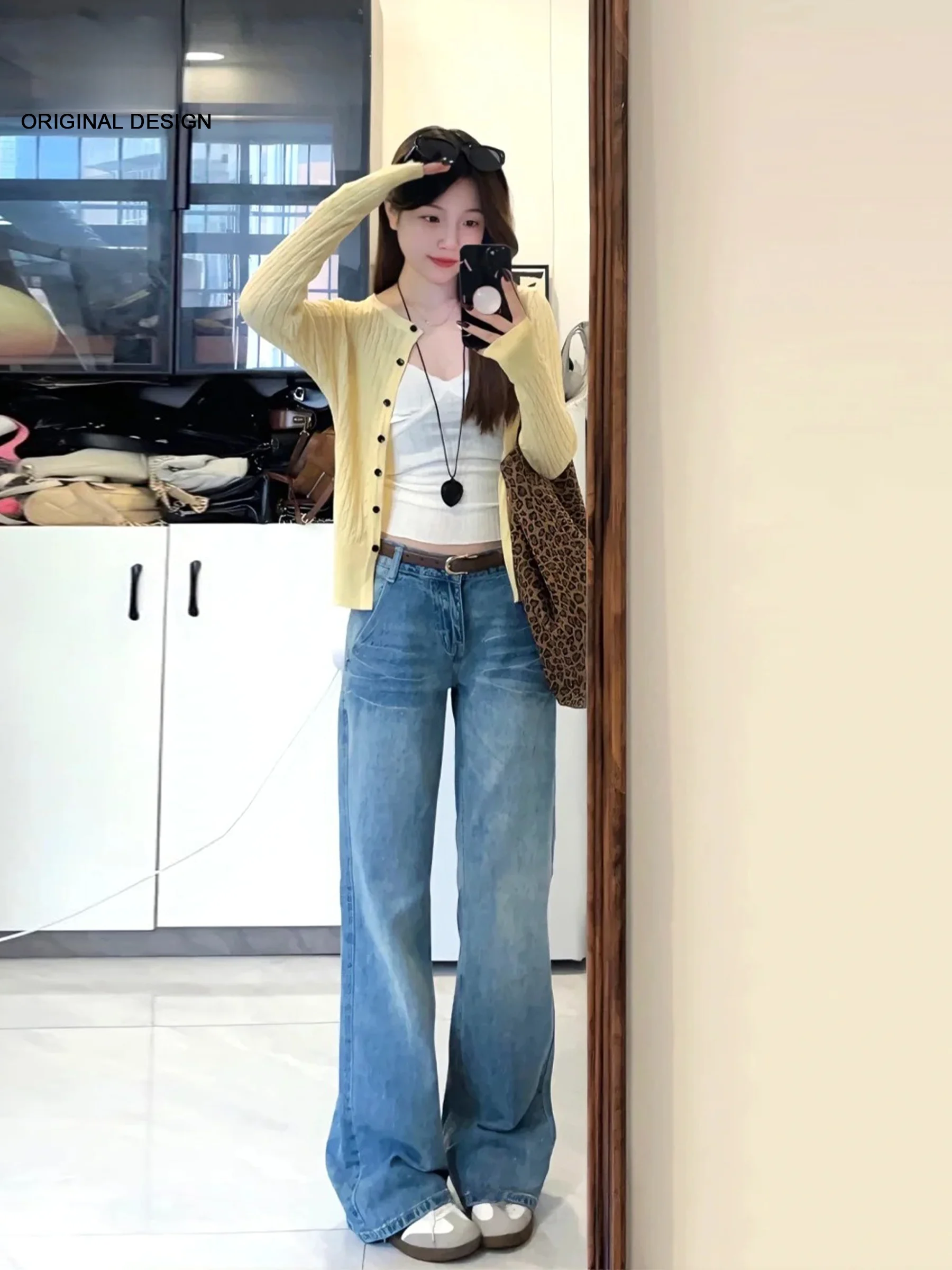 

Ретро-синие джинсы в американском стиле с низкой талией, расклешенные, женские, свободного кроя, с эффектом драпировки, брюки-клеш, повседневные, весна-лето, новинка