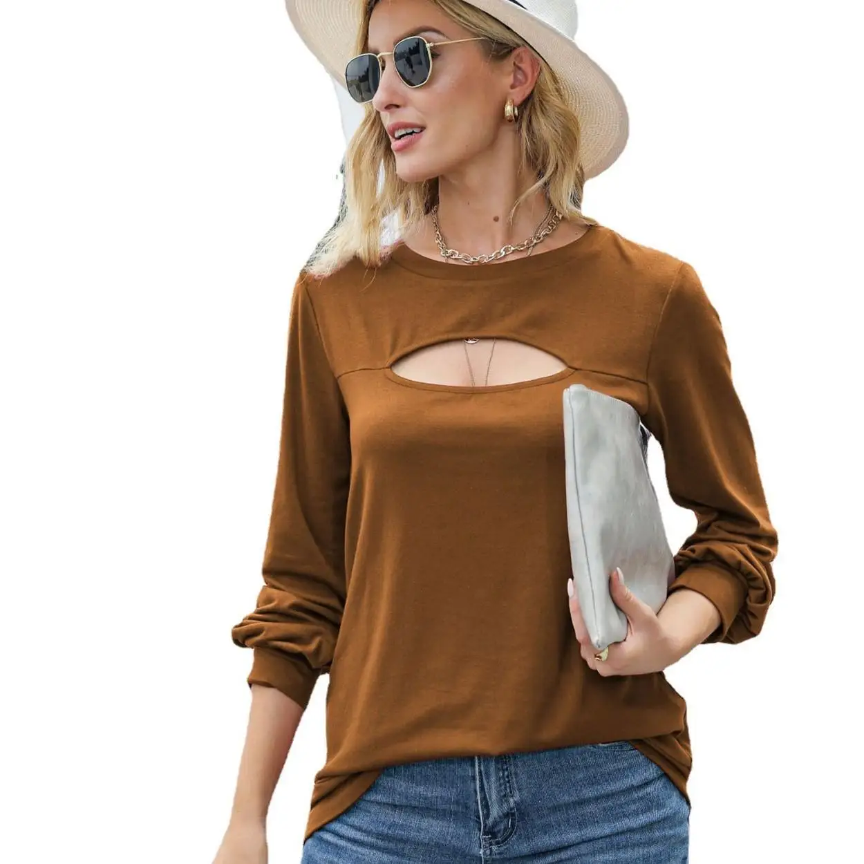 تي شيرت نسائي طويل مجوف من قماش البوليستر ذو قصة مستقيمة بتصميم فتحة Sve للشتاء من Faion L... #5