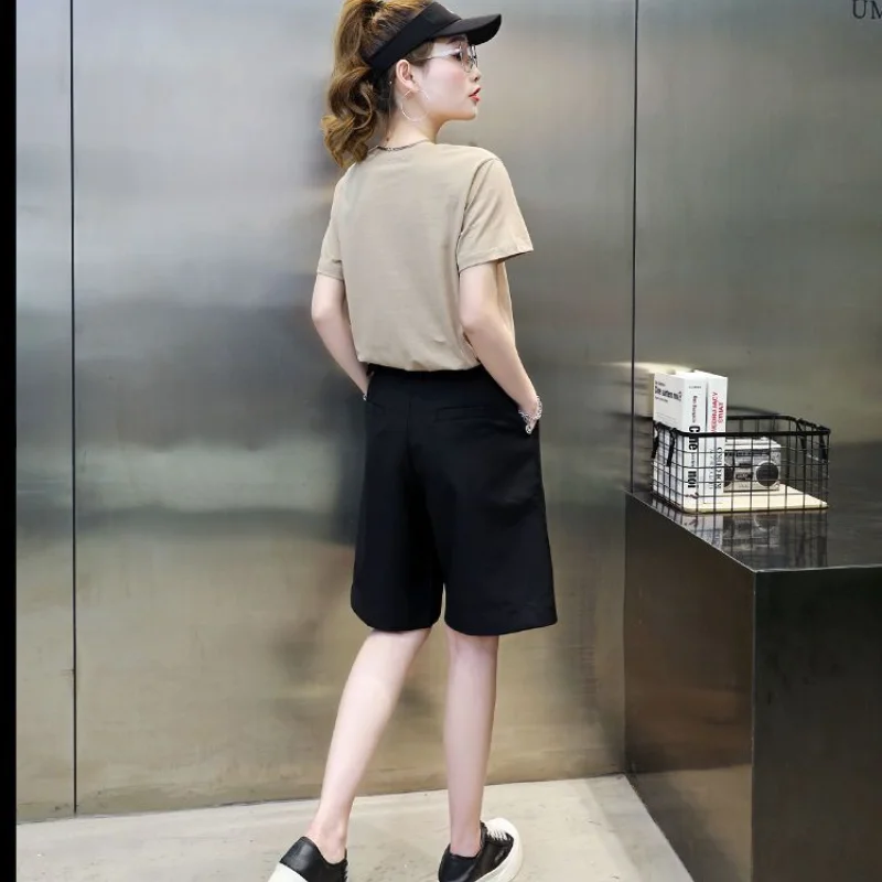 T-shirt à manches courtes imprimé pour femme, short taille haute à jambes larges, ensemble deux pièces simple et décontracté, mode estivale, nouveau, 2024