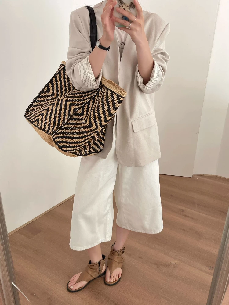 Natural Straw Handwoven Shoulder Bag Summer Hollow Out Tote Bag Large Capacity Beach Vacation Shopping Bags