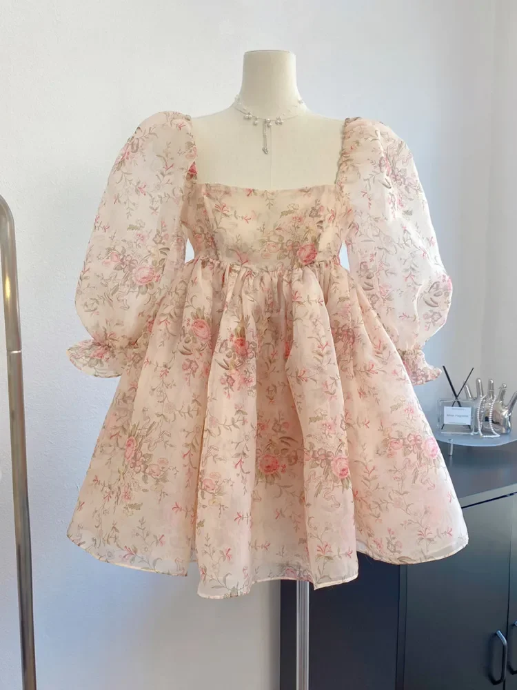 Vestido corto de fiesta Floral para mujer, traje de princesa francesa con manga de burbuja, estilo bohemio, elegante, a la moda, para vacaciones y playa, 2023